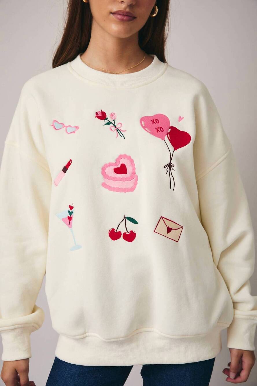 NEW SUNDAY EDITION graphic embroidered fleece sweatshirt in cream
